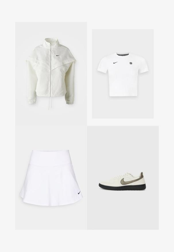 Witte lange mouwen zip-up jas met hoge kraag, cape-achtige details over de schouders, elastische manchetten en een klein zwart Nike-logo op de borst.; Witte t-shirt met korte mouwen en een ronde halslijn, zwart Nike-logo op de linkerkant van de borst en een grafisch label binnenin de kraag.; Witte sportrok van lichtgewicht stof, met een uitlopende snit en een zwart Nike-logo op de onderhoek rechts. Gladde textuur.; Nike Sportswear FIELD GENERAL - Sneakers laag - off-white/black