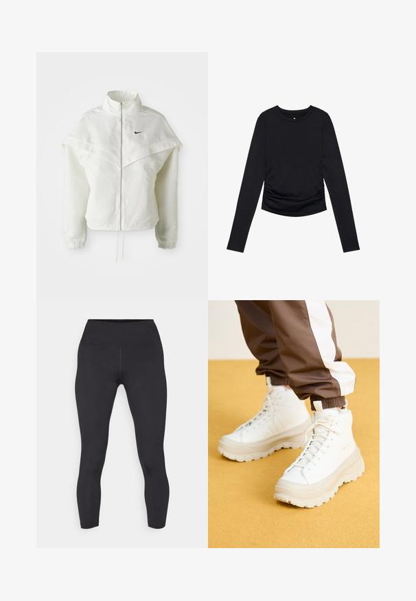 Chaqueta blanca de manga larga con cremallera y cuello alto, detalle tipo capa en los hombros, puños elásticos y pequeño logo negro de Nike en el pecho.; Top negro de manga larga con un escote redondo y detalles gathered en los laterales, presentado sobre un fondo blanco liso.; Leggings negros con una cinturilla alta, hechos de un material suave y elástico. Presentan costuras planas y un diseño ceñido.; Zapatillas altas blancas con una suela gruesa y texturizada, presentando un empeine liso, puntera redonda y cordones en tono similar, sobre un fondo amarillo.