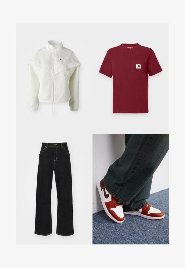 Hvit langermet jakke med glidelås og høy krage, kappe-lignende detaljer over skuldrene, elastiske mansjetter, og liten svart Nike-logo på brystet.; Rød kortermet t-skjorte laget av bomull, med en venstre brystlomme som har et hvitt logo-patch. Rund hals, avslappet passform.; Svarte vide jeans laget av denim, med kontrasterende hvite sømmer og en frontknapplukking, samt to skrå frontlommer.; Røde og hvite lær sneakers med perforert tå, hvit gummisåle og maroon detaljer. Brukt med mørk denim jeans på et blått teppe.