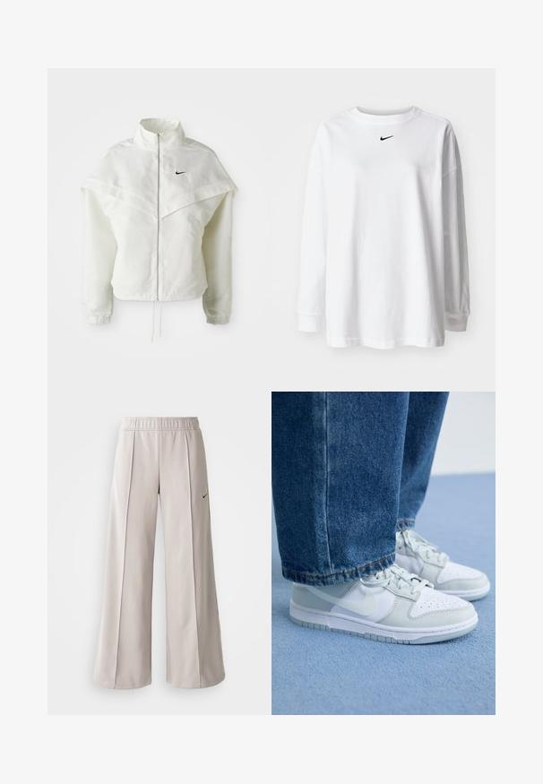 Hvit langermet jakke med glidelås og høy krage, kappe-lignende detaljer over skuldrene, elastiske mansjetter, og liten svart Nike-logo på brystet.; Hvit langermet t-skjorte laget av bomull, med rund halslinning og en liten svart Nike-logo på brystet. Enkel design, avslappet passform.; Lys grå vide bukser lavet af glat stof. Har en elastisk talje og sort Nike-logo på venstre side.; Nike-sko i hvit og lys grå lær med perforert tå, flate lisser og gummisåle, sammen med blå denimjeans.
