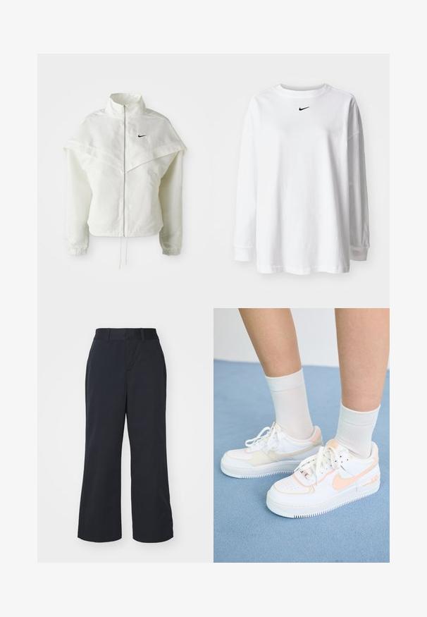 Jaqueta branca de mangas longas com fecho éclair e gola alta, detalhe tipo capa nos ombros, punhos elásticos e pequeno logótipo preto da Nike no peito.; T-shirt branca de manga longa, feita de algodão, com decote redondo e um pequeno logo preto da Nike no peito. Design simples, corte relaxado.; Calças largas pretas com uma textura de tecido suave, apresentando uma cintura padrão e bolsos laterais. Design minimalista, sem padrões visíveis.; Sapatilhas brancas com detalhes em pêssego, parte superior em couro liso, biqueira perfurada, sola texturizada e atacadores. Usadas com meias brancas até ao tornozelo sobre uma superfície azul.