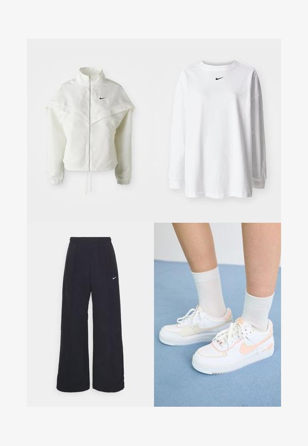 Hvit langermet jakke med glidelås og høy krage, kappe-lignende detaljer over skuldrene, elastiske mansjetter, og liten svart Nike-logo på brystet.; Hvit langermet t-skjorte laget av bomull, med rund halslinning og en liten svart Nike-logo på brystet. Enkel design, avslappet passform.; Svarte vide bukser med elastisk linning og en liten hvit Nike-logo. Stoffet har en glatt tekstur, designet for komfort og uformell bruk.; Hvite sneakers med ferskenfarge detaljer, glatt skinnoverdel, perforert tå, teksturert såle og snøring. Brukt med hvite ankelsokker på en blå overflate.