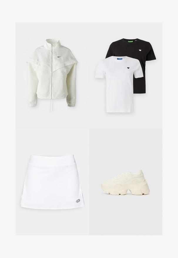 Hvit langermet jakke med glidelås og høy krage, kappe-lignende detaljer over skuldrene, elastiske mansjetter, og liten svart Nike-logo på brystet.; To bomulls T-skjorter: en svart med en hvit hjerte-logo, en hvit med en svart hjerte-logo. Begge har klassisk rund hals og korte ermer.; Hvit idrettsminiskjørt laget av glatt, elastisk stoff. Har en bred midje og en liten grå logo nederst til høyre.; Chunky hvite sneakers laget av teksturert mesh og syntetiske materialer, med en tykk såle og intrikate mønsterdetaljer langs sidene.