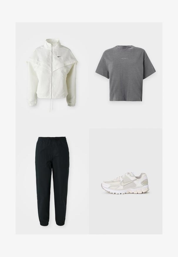 Witte lange mouwen zip-up jas met hoge kraag, cape-achtige details over de schouders, elastische manchetten en een klein zwart Nike-logo op de borst.; Grijze cropped T-shirt met korte mouwen en ronde hals, met een klein wit "carhartt" logo in het midden op de voorkant.; Zwarte tapered broeken gemaakt van een fijne stof, met een elastische tailleband, trekkoord en zijzakken. Elastische boorden bij de enkels.; Witte sportieve schoen van mesh en synthetische materialen. Kenmerkt zich door een gestructureerd ontwerp, een gewatteerde kraag en geometrische accenten op de hiel.