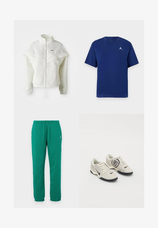 Bílá dlouhá zipová bunda s vysokým límcem, pláštěnkovým detailem přes ramena, elastickými manžetami a malým černým logem Nike na hrudi.; Tmavě modré bavlněné tričko s krátkým rukávem, kulatým výstřihem a bílým logem Jumpman na hrudi. Jednoduchý, klasický design.; Zelené tepláky vyrobené z bavlněné směsi, s elastickým pasem na šňůrku a boční kapsou. Klasický rovný střih nohavic.; Nike tenisky s béžovým a šedým texturovaným svrškem, černými akcenty, velkým logem "90" a bílým šněrováním. Černá podrážka.
