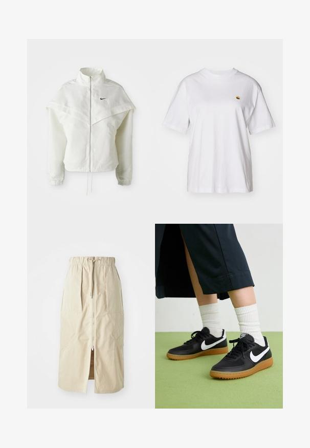 Jaqueta branca de mangas longas com fecho éclair e gola alta, detalhe tipo capa nos ombros, punhos elásticos e pequeno logótipo preto da Nike no peito.; T-shirt branca de algodão com um corte descontraído, mangas curtas e um pequeno logótipo bordado na área do peito esquerdo.; Saia bege de comprimento médio feita de tecido leve. Apresenta um fecho de correr frontal, cintura elástica e bolsos laterais com design angular.; Sapatilhas pretas em couro e sintético com o logo da Nike em branco, sola de borracha tipo goma, bico redondo e atacadores pretos. Meias brancas com frunces visíveis.