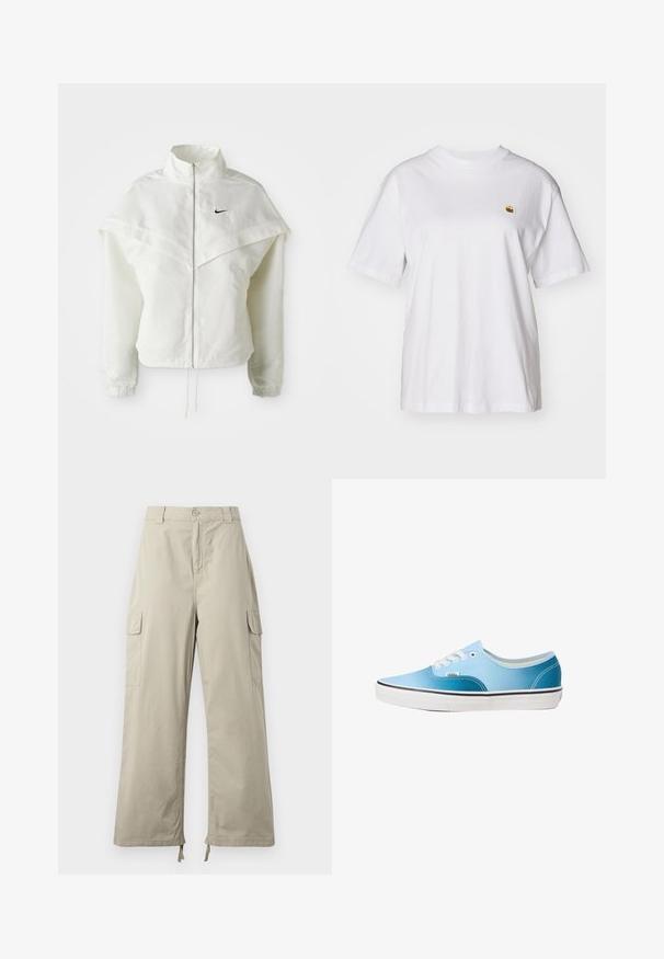 Giacca bianca a maniche lunghe con zip e colletto alto, dettaglio a mantella sulle spalle, polsini elasticizzati e piccolo logo Nike nero sul petto.; Maglietta in cotone bianco con vestibilità rilassata, maniche corte e un piccolo logo ricamato sul lato sinistro del petto.; Pantaloni cargo beige chiaro con una vestibilità rilassata, dotati di chiusura con bottone, tasche laterali e orlo regolabile con lacci. Tessuto con una consistenza liscia.; Vans AUTHENTIC - Sneakers basse - blue coral gradient