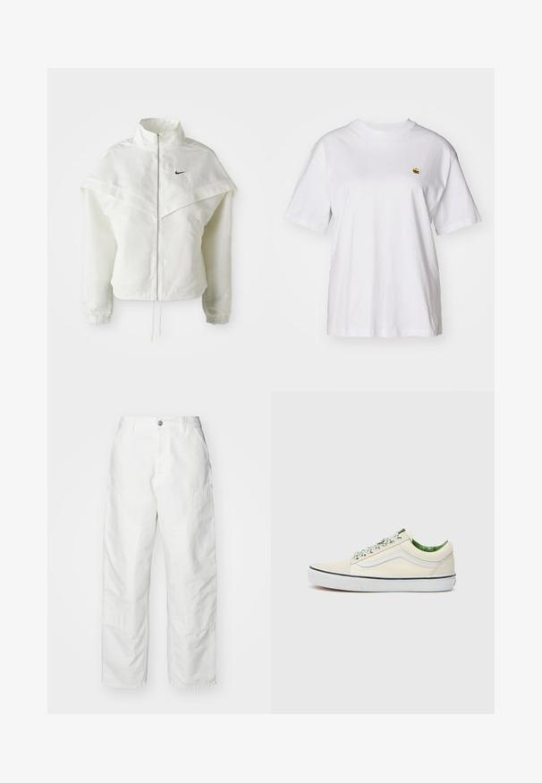 Bjela jakna dugih rukava s patentnim zatvaračem i visokim ovratnikom, s kapastim detaljima preko ramena, elastičnim manžetama i malim crnim Nike logom na prsima.; Bijela pamučna majica s opuštenim krojem, kratkim rukavima i malim izvezenim logom na lijevoj strani prsnog dela.; Bijele cargo hlače od denima, s opuštenim krojem, bočnim džepovima i vidljivim detaljima šivanja. Jednostavna prednja strana s kopčanjem na dugme.; Bež platnena niska tenisica s zelenim naglascima, bijelim gumenim đonom i uzorkastim vezicama. Ima dizajn bočne pruge.