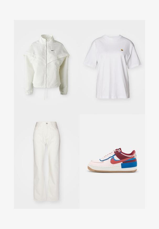 Chaqueta blanca de manga larga con cremallera y cuello alto, detalle tipo capa en los hombros, puños elásticos y pequeño logo negro de Nike en el pecho.; Camisa de algodón blanca con corte relajado, mangas cortas y un pequeño logotipo bordado en el área del pecho izquierdo.; Pantalones de mezclilla blanca con una alta cintura y un ajuste de pierna ancha. Presenta un cierre de botón y cremallera, presillas para cinturón y detalles de costura sutil.; Nike Sportswear AF1 SHADOW - Zapatillas - light soft pink/canyon rust/fossil stone/team red/photo blue/blue jay