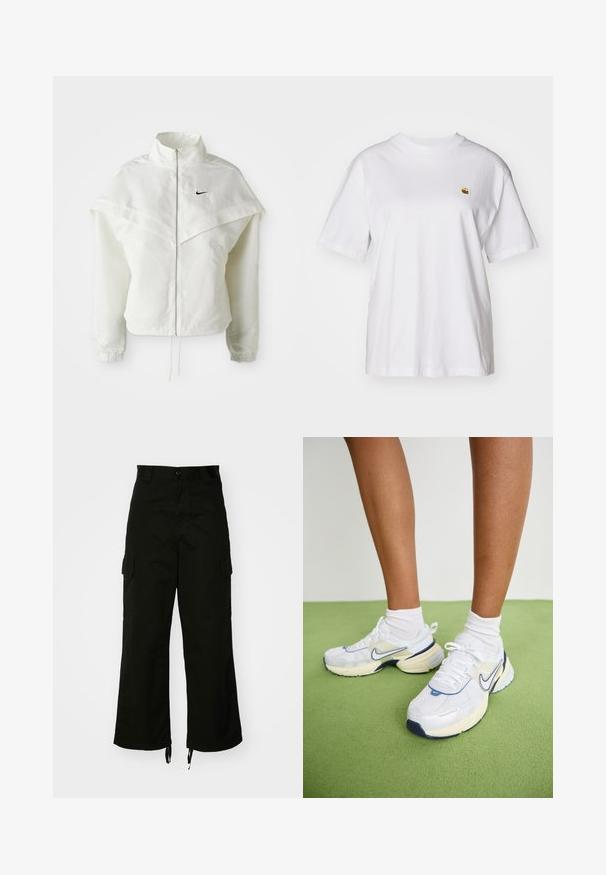 Weiße langärmlige Zip-Jacke mit hohem Kragen, cape-artigem Detail über den Schultern, elastischen Bündchen und kleinem schwarzen Nike-Logo auf der Brust.; Weißes Baumwoll-T-Shirt mit lockerem Schnitt, kurzen Ärmeln und einem kleinen gestickten Logo auf der linken Brustseite.; Schwarze Cargo-Hosen aus Baumwolle mit weitem Bein, seitlichen Taschen und Kordelzügen am Saum. Das Design umfasst einen Knopfverschluss an der Taille.; Nike Sportswear V2K RUN - Sneaker low - white/platinum tint/photon dust/summit white/coconut milk/midnight navy