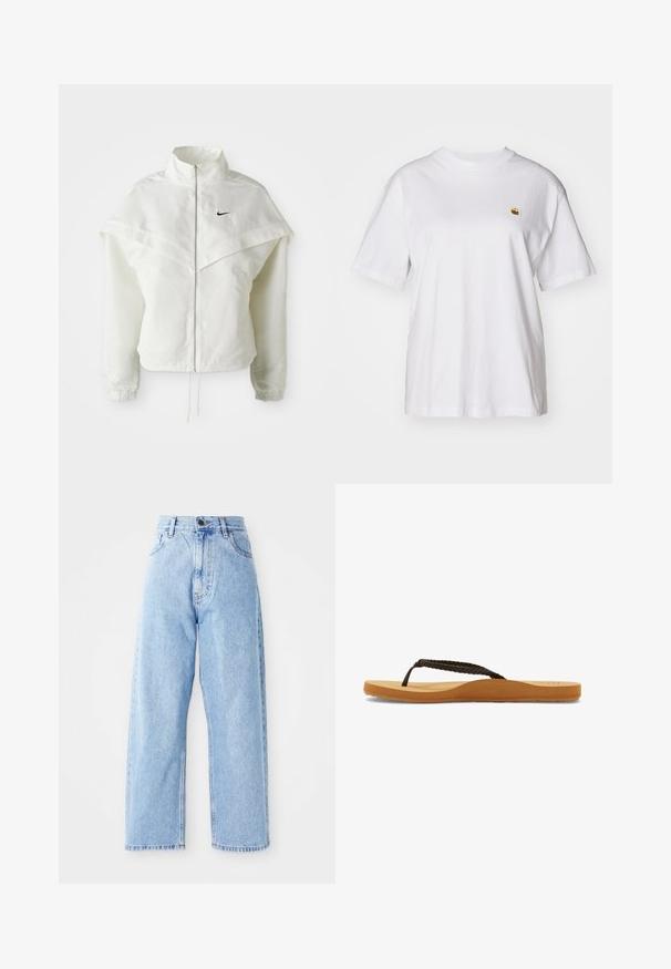 White long-sleeve zip-up jacket with high collar, cape-like detail across shoulders, elastic cuffs, and small black Nike logo on chest.; White cotton t-shirt with a relaxed fit, short sleeves, and a small embroidered logo on the left chest area.; High-waisted light blue denim jeans with straight wide legs, front button, zipper closure, and front and back pockets.; Brown braided strap flip-flop with a soft sole and tan footbed, featuring a rounded design and textured rubber outsole for traction.