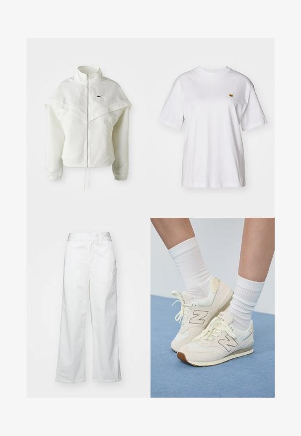 Bílá dlouhá zipová bunda s vysokým límcem, pláštěnkovým detailem přes ramena, elastickými manžetami a malým černým logem Nike na hrudi.; Bílý bavlněný tričko s volným střihem, krátkými rukávy a malým vyšívaným logem na levé části hrudi.; Bílé kalhoty s širokými nohavicemi vyrobené z bavlny, s hladkou texturou, rovný střih, přední kapsy a čistý lem.; Béžové tenisky New Balance vyrobené z prodyšné síťoviny a semiše, s lehkou krémovou podrážkou a šedým logem. V kombinaci s bílými žebrovanými ponožkami.