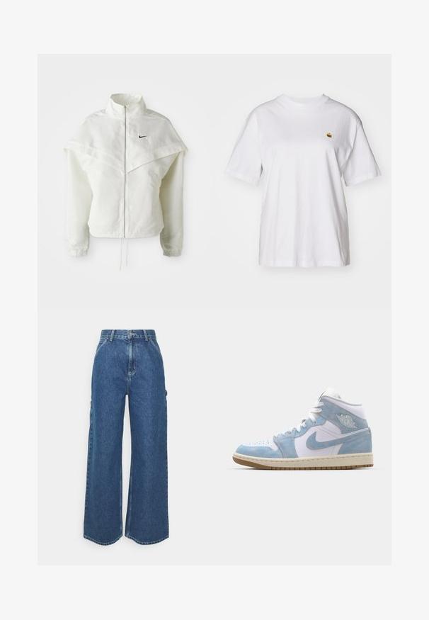 Balta garās piedurknes ar rāvējslēdzēju jaka ar augstu apkakli, apmetņa līdzīga detaļa uz pleciem, elastīgas aproces un mazs melns Nike logotips uz krūtīm.; Balta kokvilnas T-kreklā ar brīvu piegriezumu, īsām piedurknēm un mazu izšūtu logotipu kreisajā krūtīs.; Platleņķa zili džinsi ar augstu jostasvietu, kontrastējošām šuvēm un sānu kabatām, ar klasisku piecu kabatu dizainu un neapstrādātiem malām.; Jordan AIR JORDAN 1 MID SE - Augsti sporta apavi - white/worn blue/sail/light brown