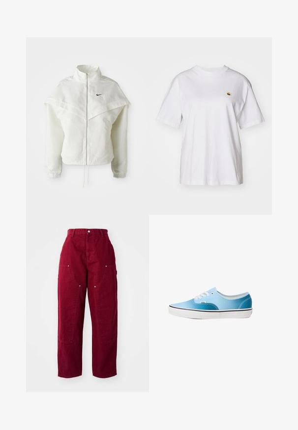 Witte lange mouwen zip-up jas met hoge kraag, cape-achtige details over de schouders, elastische manchetten en een klein zwart Nike-logo op de borst.; Witte katoenen t-shirt met een relaxte pasvorm, korte mouwen en een klein geborduurd logo op de linkerborst.; Bordeaux wijde broek van katoen, met twee grote zijzakken, een knoopsluiting en een relaxed fit met zichtbare stikseldetails.; Vans AUTHENTIC - Sneakers laag - blue coral gradient