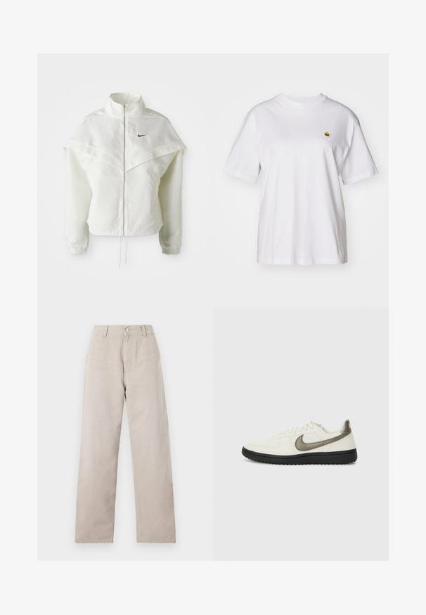 Biała, długozapinana kurtka na zamek z wysokim kołnierzem, z pelerynowym detalem na ramionach, elastycznymi mankietami i małym czarnym logo Nike na piersi.; Biała bawełniana koszulka z luźnym krojem, krótkimi rękawami i małym haftowanym logo po lewej stronie klatki piersiowej.; Beżowe spodnie o prostym kroju wykonane z gładkiej bawełny. Posiadają zapięcie na guzik, szlufki na pasek i kieszenie boczne. Prosty, minimalistyczny design.; Nike Sportswear - Sneakersy niskie