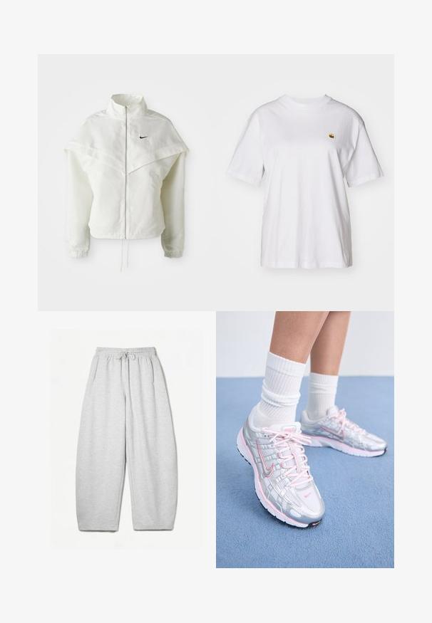 Fehér, hosszú ujjú, zipzáras dzseki magas gallérral, a vállakon lebegő, köpenyszerű résszel, rugalmas mandzsettákkal és kis fekete Nike logóval a mellkason.; Fehér pamut póló laza szabással, rövid ujjakkal és egy kis hímzett logóval a bal mellrészén.; Világosszürke, laza fazonú melegítőnadrág, rugalmas derékpánttal, zsinórral és oldalsó zsebekkel; puha, texturált anyagból készült.; Nike futócipők ezüst hálós felsőrésszel, rózsaszín kiegészítőkkel, fehér fűzővel és texturált talppal. Fehér pamut sport zoknival viselve.