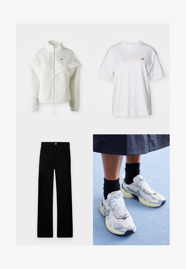 Valge pikkade varrukatega tõmblukuga jakk kõrge kraega, kätetooted, mis meenutavad katet õlgadel, elastsete mansettidega ja väikese musta Nike logoga rinnal.; Valge puuvillane T-särk, millel on lõdva lõikega, lühikesed varrukad ja väike broderi logo vasakul rinnakarpi.; Mustadest puuvillast püksid sirge lõikega, millel on ees nuppude sulgemine ja ilma nähtavate mustrite või aktsentideta.; Valged ja hõbedased Nike tennisajalatsid, millel on võrgukangas, peegeldavad detailid ja beež tald. Kantud mustade sokkidega, seisab sinisel pinnal.