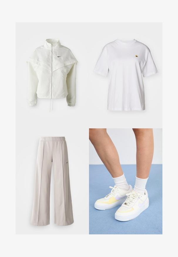 Witte lange mouwen zip-up jas met hoge kraag, cape-achtige details over de schouders, elastische manchetten en een klein zwart Nike-logo op de borst.; Witte katoenen t-shirt met een relaxte pasvorm, korte mouwen en een klein geborduurd logo op de linkerborst.; Lichtgrijze wijde broek van glad materiaal. Voorzien van een elastische tailleband en een zwart Nike-logo aan de linkerkant.; Witte leren sneakers met gele en lavendelkleurige accenten, ronde neus, platte veters en een textuurrubber zool. Gdraag met witte sokken.