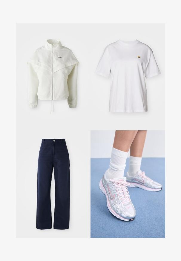 Giacca bianca a maniche lunghe con zip e colletto alto, dettaglio a mantella sulle spalle, polsini elasticizzati e piccolo logo Nike nero sul petto.; Maglietta in cotone bianco con vestibilità rilassata, maniche corte e un piccolo logo ricamato sul lato sinistro del petto.; Pantaloni cargo a gamba larga blu navy in un robusto tessuto di cotone, con tasche laterali e chiusura con bottone in vita.; Scarpe da corsa Nike con tomaia in rete argentata e dettagli rosa, stringhe bianche e suola testurizzata. Indossate con calzini sportivi in cotone bianchi.