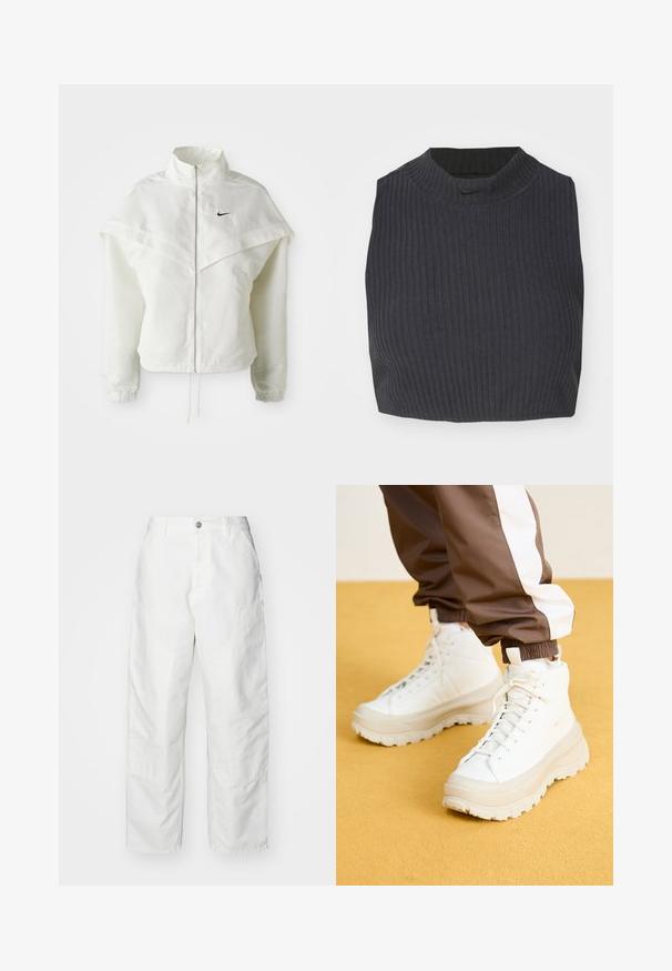 White long-sleeve zip-up jacket with high collar, cape-like detail across shoulders, elastic cuffs, and small black Nike logo on chest.; Cropped ribbed top in dark navy, featuring a high neckline and a subtle Nike logo. The fabric has a textured, stretchy appearance.; White cargo pants made of denim, featuring a relaxed fit, side pockets, and visible stitching details. Plain front with a button closure.; White high-top sneakers with a chunky, textured sole, featuring a smooth upper, round toe, and tonal laces, set against a yellow background.