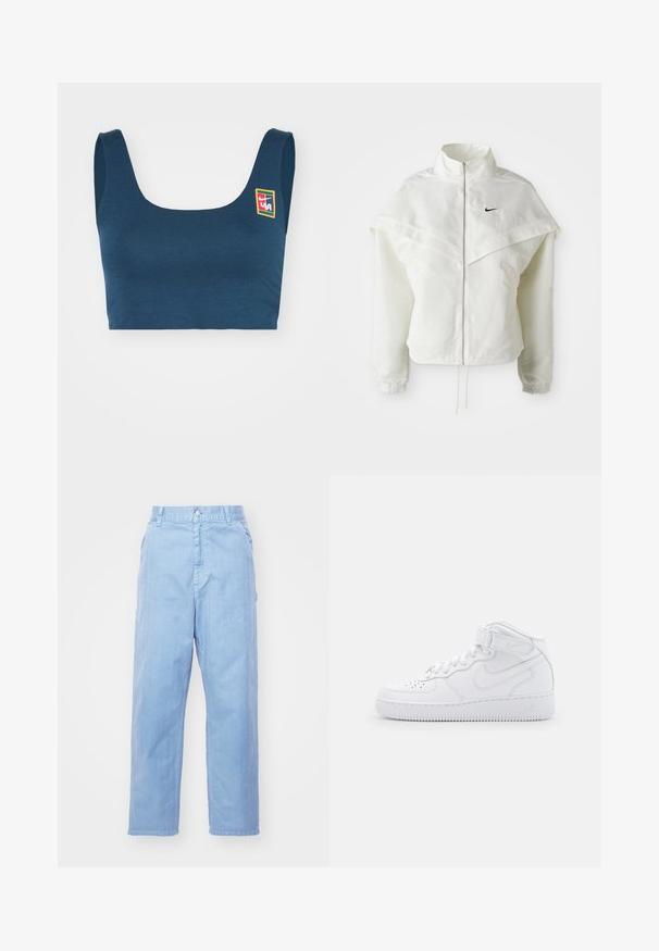 Fehér, hosszú ujjú, zipzáras dzseki magas gallérral, a vállakon lebegő, köpenyszerű résszel, rugalmas mandzsettákkal és kis fekete Nike logóval a mellkason.; Sötét teal színű sportmelltartó négyzet alakú dekoltázzsal és széles pántokkal. A bal oldalon egy kis, többszínű logó található. sima, rugalmas anyag.; Világoskék farmernadrág egyenes szárú dizájnnal, gombos záródással és elülső zsebekkel. Az anyag finom textúrájú, sima felületű.; Fehér, magas szárú bőrcipők párnázott bokarészes, perforált orral, fűzőkkel és állítható bokapánttal; logó az oldalon.
