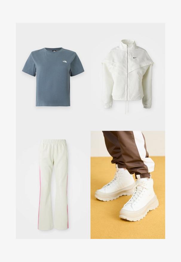 Bela jakna z dolgimi rokavi in zadrgo, visokim ovratnikom, plaščastim detajlom čez ramena, elastičnimi manšetami in majhnim črnim logotipom Nike na prsih.; Siva-modro barvna kratka majica z okroglim izrezom in majhnim belim logotipom The North Face na levi prsni strani, prikazana na belem ozadju.; Svetlo bež hlače z elastičnim pasom, ki imajo roza stranske panele in stranske žepe. Gladko teksturo in ravno krojenje.; Bele visoke teniske z masivnim, teksturiranim podplatom, z gladkim zgornjim delom, okroglim prstom in toniranimi vezalkami, postavljene na rumeno ozadje.