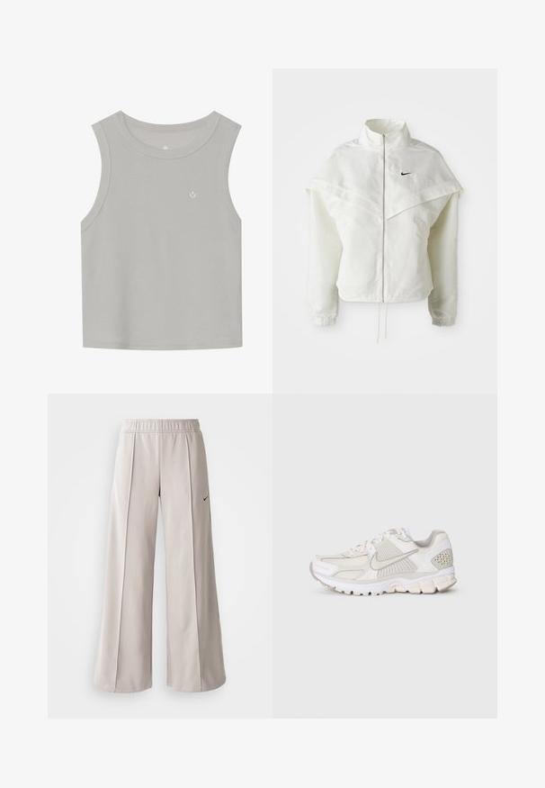 Bjela jakna dugih rukava s patentnim zatvaračem i visokim ovratnikom, s kapastim detaljima preko ramena, elastičnim manžetama i malim crnim Nike logom na prsima.; Svijetlosiva bezrukavna majica bez rukava od rebraste tkanine; ima okrugli izrez i mali bijeli logo sprijeda. Jednostavan dizajn.; Svijetlosive hlače širokih nogavica od glatkog materijala. Imaju elastičnu traku u struku i crni Nike logo na lijevoj strani.; Bijela atletska cipela od mrežastih i sintetičkih materijala. Ima teksturirani dizajn, podstavljeni ovratnik i geometrijske akcentne detalje na peti.