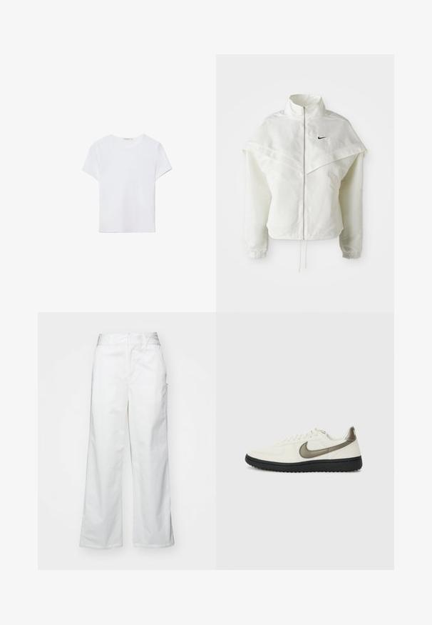 Bílá dlouhá zipová bunda s vysokým límcem, pláštěnkovým detailem přes ramena, elastickými manžetami a malým černým logem Nike na hrudi.; Bílá tričko s krátkým rukávem vyrobené z měkké látky. Má kulatý výstřih a jednoduchý, čistý design s rovnou spodní částí.; Bílé kalhoty s širokými nohavicemi vyrobené z bavlny, s hladkou texturou, rovný střih, přední kapsy a čistý lem.; Nike Sportswear FIELD GENERAL - Tenisky - off-white/black