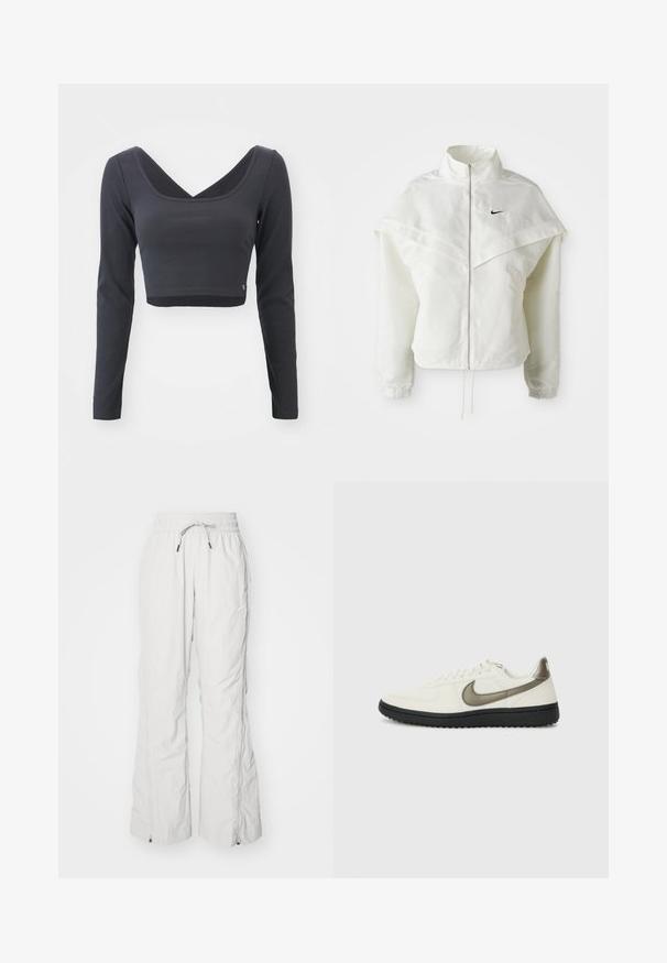 Balta garās piedurknes ar rāvējslēdzēju jaka ar augstu apkakli, apmetņa līdzīga detaļa uz pleciem, elastīgas aproces un mazs melns Nike logotips uz krūtīm.; Tumšs pelēks, garām piedurknēm, īss tops ar ribu faktūru. Tam ir dziļa V veida kakla izgriezums un vienota krāsa ar mazu logotipu apakšmalā.; Gai pelēkie kravas bikses, izgatavotas no teksturēta auduma, ar elastīgu jostu un auklu, sānu kabatām un rāvējslēdzējiem pie potītēm.; Nike Sportswear FIELD GENERAL - Treniņu apavi - off-white/black