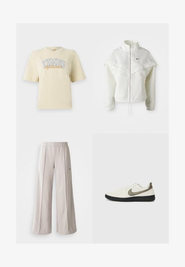 Bjela jakna dugih rukava s patentnim zatvaračem i visokim ovratnikom, s kapastim detaljima preko ramena, elastičnim manžetama i malim crnim Nike logom na prsima.; Krem majica kratkih rukava s natpisom "TIMBS Authentic" u plavoj i zlatnoj boji. Izrađena od mekog pamuka s opuštenim krojem.; Svijetlosive hlače širokih nogavica od glatkog materijala. Imaju elastičnu traku u struku i crni Nike logo na lijevoj strani.; Nike Sportswear FIELD GENERAL - Tenisice - off-white/black