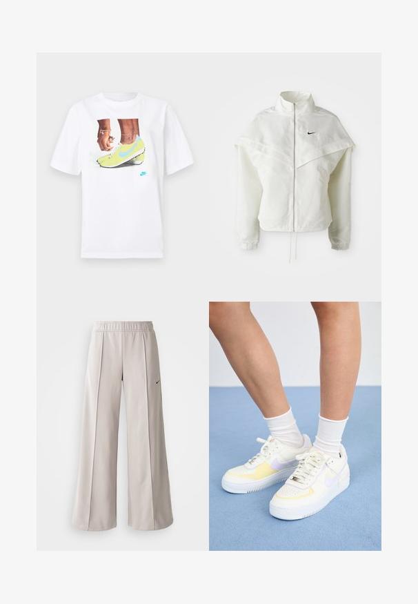 Balta garās piedurknes ar rāvējslēdzēju jaka ar augstu apkakli, apmetņa līdzīga detaļa uz pleciem, elastīgas aproces un mazs melns Nike logotips uz krūtīm.; Balts kokvilnas T-krekls ar grafiku, kurā attēloti zili akcentēti dzelteni Nike zābaki un kreisajā rokā valkāta rokassprādze.; Gaiši pelēkas platas bikses, izgatavotas no gludas auduma. Iezīmēta ar elastīgu jostu un melnu Nike logo kreisajā pusē.; Balti ādas sporta apavi ar dzelteniem un lavandas akcentiem, apaļa purngala forma, plakani šņores un teksturēta gumijas zole. Valkāti ar baltām zeķēm.