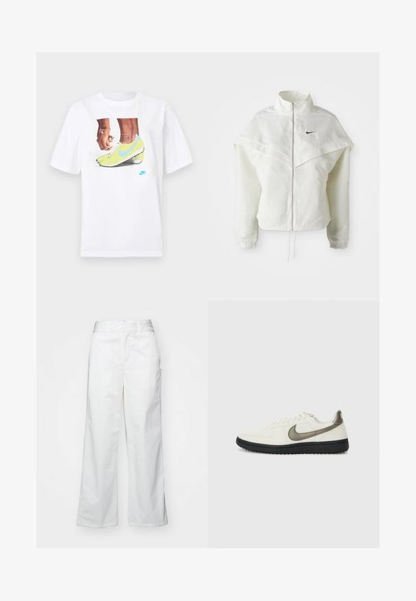 Balta garās piedurknes ar rāvējslēdzēju jaka ar augstu apkakli, apmetņa līdzīga detaļa uz pleciem, elastīgas aproces un mazs melns Nike logotips uz krūtīm.; Balts kokvilnas T-krekls ar grafiku, kurā attēloti zili akcentēti dzelteni Nike zābaki un kreisajā rokā valkāta rokassprādze.; Balti platie kājas bikses no kokvilnas, ar gludu tekstūru, taisnu piegriezumu, priekšējām kabatām un tīru apakšmalu.; Nike Sportswear FIELD GENERAL - Treniņu apavi - off-white/black