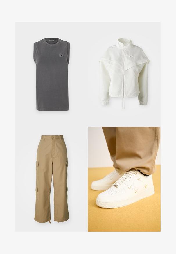 Witte lange mouwen zip-up jas met hoge kraag, cape-achtige details over de schouders, elastische manchetten en een klein zwart Nike-logo op de borst.; Grijze mouwloze T-shirt gemaakt van een katoenmix. Heeft een ronde hals en een klein logo-opdruk op de linkerkant van de borst.; Beige cargobroek met een hoge taille, wijde pijpen en vier grote zijzakken. Gemaakt van duurzaam materiaal met een soepele textuur en minimale details.; Witte leren sneakers met geperforeerde neus, gouden accenten en platte veters, gecombineerd met beige broek op een gestructureerde gele ondergrond.