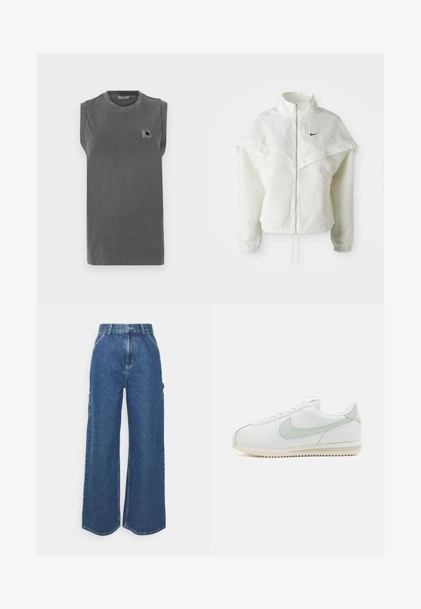 White long-sleeve zip-up jacket with high collar, cape-like detail across shoulders, elastic cuffs, and small black Nike logo on chest.; Gray sleeveless t-shirt made of cotton blend fabric. Features a round neck and a small logo patch on the left chest area.; Wide-leg blue denim trousers with a high waist, contrasting stitching, and side pockets, featuring a classic five-pocket design and raw hems.; White leather shoes with light green accents. Rounded toe, lace-up design, and textured outsole with a zigzag pattern. Minimalist style.