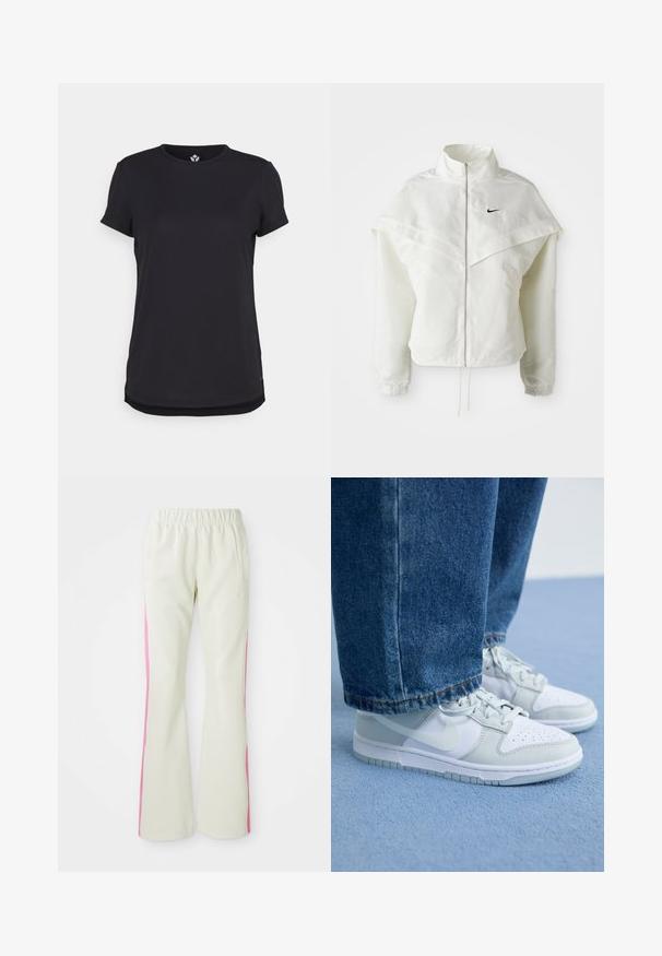 Hvit langermet jakke med glidelås og høy krage, kappe-lignende detaljer over skuldrene, elastiske mansjetter, og liten svart Nike-logo på brystet.; Even&Odd active ADAPTIVE SPORTS T-SHIRT WITH OPENING - T-skjorte til trening - black; Lys beige bukser med elastisk linning, med rosa sidepaneler og sidelommer. Glatt tekstur med rett ben-design.; Nike-sko i hvit og lys grå lær med perforert tå, flate lisser og gummisåle, sammen med blå denimjeans.