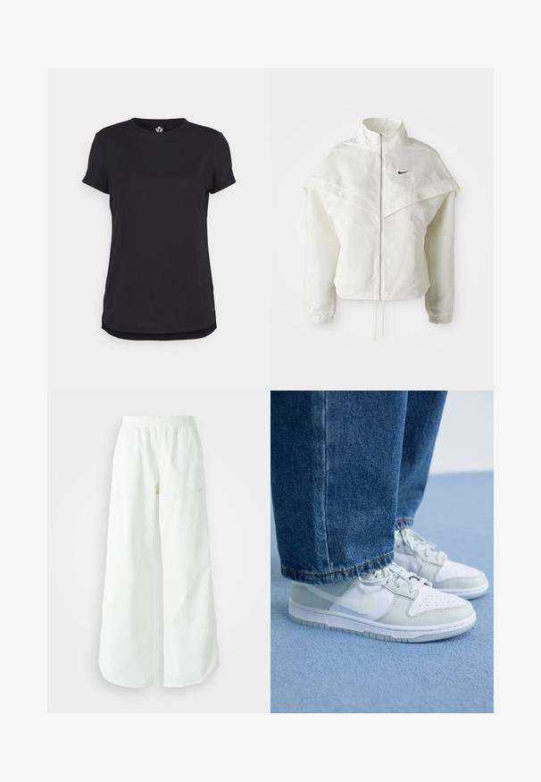 Valge pikkade varrukatega tõmblukuga jakk kõrge kraega, kätetooted, mis meenutavad katet õlgadel, elastsete mansettidega ja väikese musta Nike logoga rinnal.; Even&Odd active ADAPTIVE SPORTS T-SHIRT WITH OPENING - Spordi T-särk - black; Valged laiad spordipüksid, ribadega vöökoht ja diskreetne logosümbol. Sile kangas, lõdvestatud istuvus ja kitsenev ääreosa.; Nike tossud valgest ja helesinisest nahast, millel on augulised varbakatted, tasased paelad ja kummist talla, koos siniste teksadega.