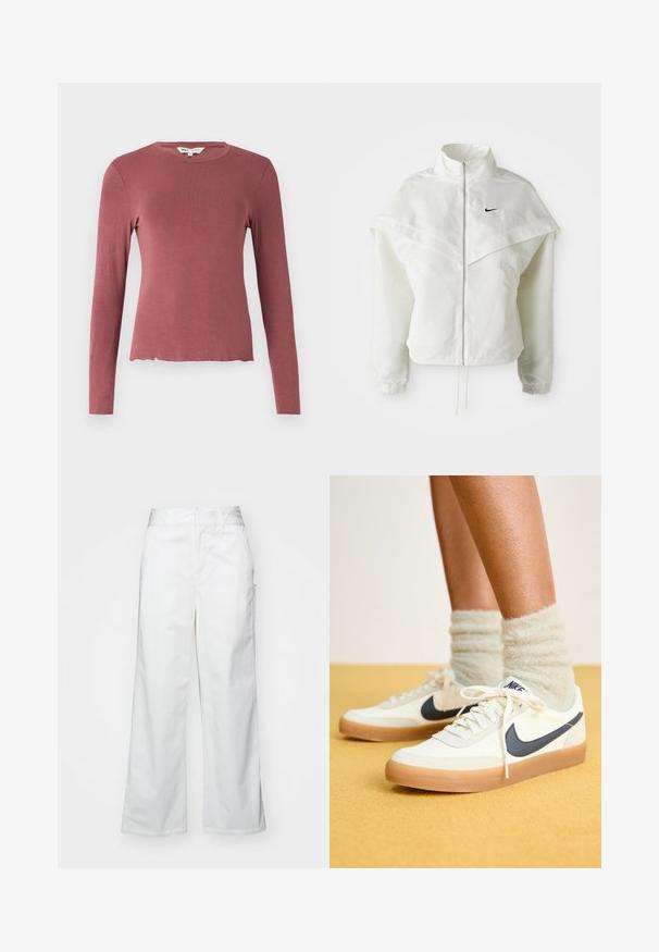 Bjela jakna dugih rukava s patentnim zatvaračem i visokim ovratnikom, s kapastim detaljima preko ramena, elastičnim manžetama i malim crnim Nike logom na prsima.; Dugi rukav top u prašnjavoj ružičastoj boji, s okruglim izrezom i blago skraćenim, valovitim rubom. Glatka, rastezljiva tkanina.; Bijele hlače širokih nogavica napravljene od pamuka, s glatkom teksturom, ravnim krojem, prednjim džepovima i čistim rubom.; Bijele Nike tenisice s mornarsko plavim swooshom, teksturiranom tkaninom, bijelim vezicama i gumenom potplatom, uparene s mekanim svijetlozelenim čarapama. Žuta pozadina.