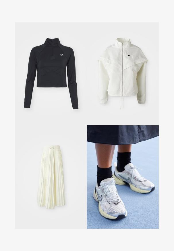 Chaqueta blanca de manga larga con cremallera y cuello alto, detalle tipo capa en los hombros, puños elásticos y pequeño logo negro de Nike en el pecho.; Under Armour VANISH SEAMLESS 1/4 ZIP CROP - Camiseta de manga larga - black/white; Falda midi plisada en tela de color amarillo claro, con una cinturilla elástica y un lazo, textura suave y rayas verticales para un detalle adicional.; Zapatillas Nike blancas y plateadas con tejido de malla, detalles reflectantes y una suela beige. Llevadas con calcetines negros, de pie sobre una superficie azul.