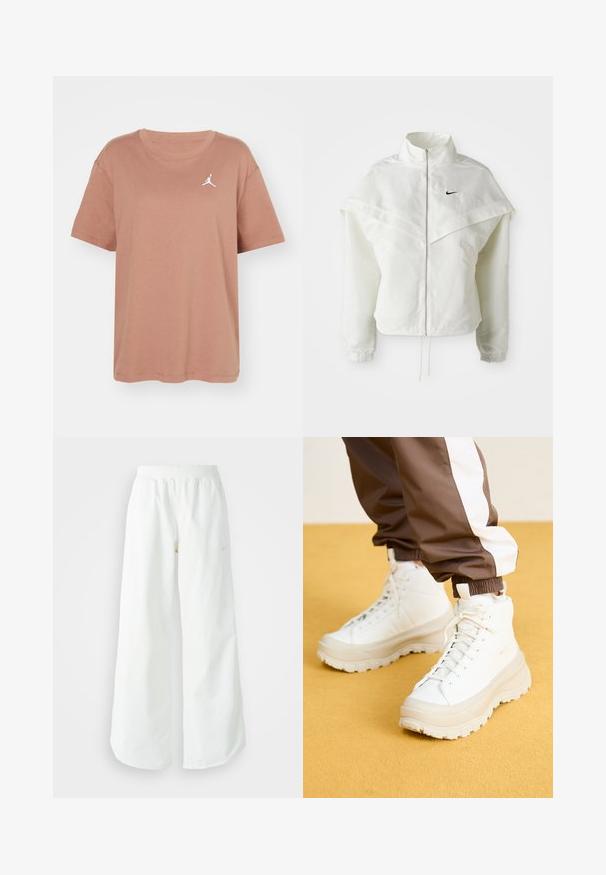 Chaqueta blanca de manga larga con cremallera y cuello alto, detalle tipo capa en los hombros, puños elásticos y pequeño logo negro de Nike en el pecho.; Jordan TEE - Camiseta básica - archaeo brown/(white); Pantalones deportivos blancos de pierna ancha con una cinturilla acanalada y un sutil detalle de logo. Tela suave con un ajuste relajado y dobladillo ajustado.; Zapatillas altas blancas con una suela gruesa y texturizada, presentando un empeine liso, puntera redonda y cordones en tono similar, sobre un fondo amarillo.