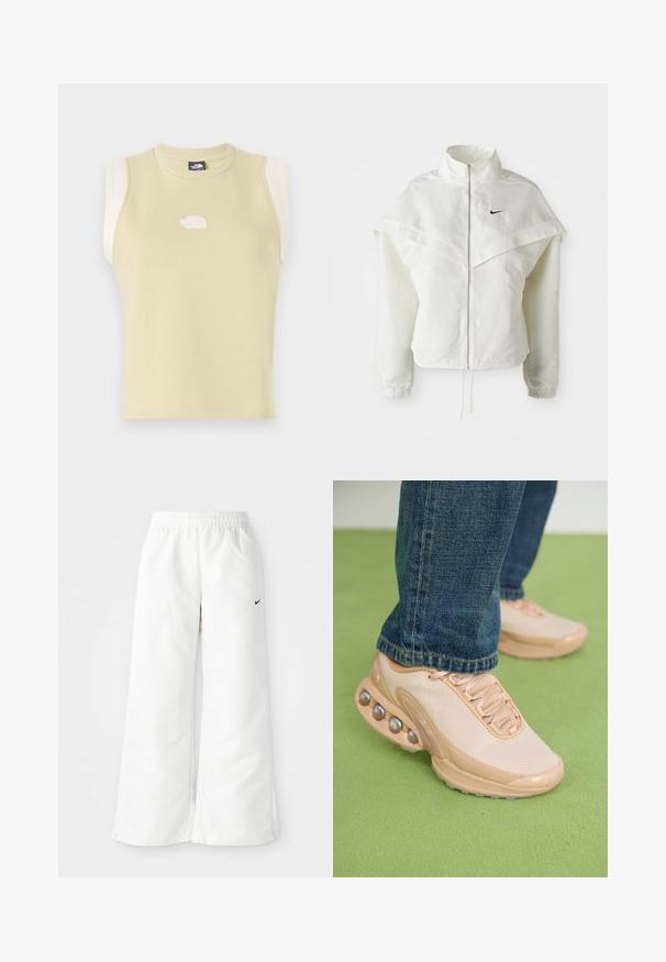 White long-sleeve zip-up jacket with high collar, cape-like detail across shoulders, elastic cuffs, and small black Nike logo on chest.; Sleeveless top in pastel yellow cotton with a rounded neckline. Features contrasting cream shoulder panels and a textured logo on the chest.; White athletic pants with a wide-leg design, elastic waistband, and a small black Nike logo on the left side. Smooth, lightweight material.; Light beige athletic shoes feature a mesh upper, rubber sole, and rounded accents with metallic details. Worn with blue jeans on a green surface.