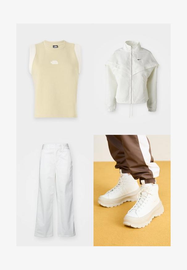 Fehér, hosszú ujjú, zipzáras dzseki magas gallérral, a vállakon lebegő, köpenyszerű résszel, rugalmas mandzsettákkal és kis fekete Nike logóval a mellkason.; Ujjatlan, pasztell sárga pamut felső, lekerekített nyakkal. Kontrasztos krém színű vállpanelekkel és texturált logóval a mellkasán.; Fehér, bő szárú nadrág, pamutból készült, sima textúrával, egyenes szabással, elülső zsebekkel és tiszta szegéllyel.; Fehér, magasszárú sportcipők, vastag, texturált talppal, sima bőr felsőrésszel, kerek orral és azonos színű fűzőkkel, sárga háttér előtt.