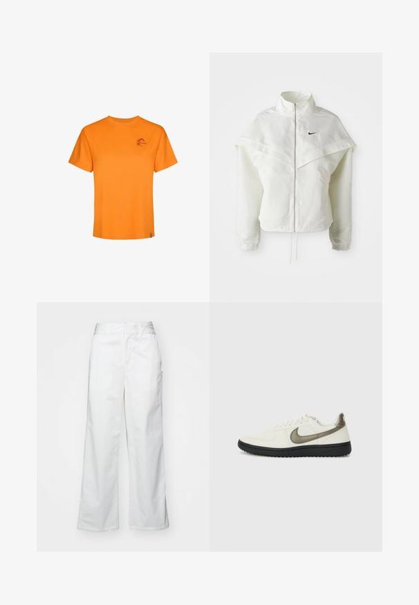 Valge pikkade varrukatega tõmblukuga jakk kõrge kraega, kätetooted, mis meenutavad katet õlgadel, elastsete mansettidega ja väikese musta Nike logoga rinnal.; Oranž puuvillane T-särk lühikeste varrukatega, klassikalise ümmarguse kaelusega ja väike lilla logo vasakul rinnal. Sile tekstuur, mugav lõige.; Valged laiad püksid, mis on valmistatud puuvillast, omavad siledat tekstuuri, sirget lõiget, eesmine taskud ja puhtad äärised.; Nike Sportswear FIELD GENERAL - Tossud - off-white/black