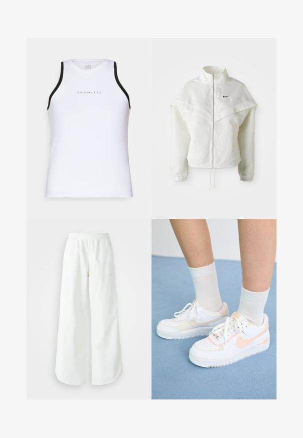 Weiße langärmlige Zip-Jacke mit hohem Kragen, cape-artigem Detail über den Schultern, elastischen Bündchen und kleinem schwarzen Nike-Logo auf der Brust.; Endless ESSENTIAL - Top - white; Weiße, weit geschnittene Sporthose mit einem gerippten Bund und dezentem Logo-Detail. Glattes Material mit lockerer Passform und schmal zulaufendem Saum.; Weiße Sneakers mit pfirsichfarbenen Akzenten, glattem Lederobermaterial, perforierter Zehenpartie, strukturiertem Sohle und Schnürsenkeln. Getragen mit weißen Kniestrümpfen auf einer blauen Fläche.