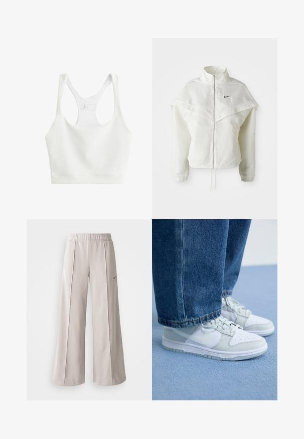 Giacca bianca a maniche lunghe con zip e colletto alto, dettaglio a mantella sulle spalle, polsini elasticizzati e piccolo logo Nike nero sul petto.; Top sportivo bianco a coste con scollo rotondo, bretelle larghe e design aderente. Presenta un'etichetta del marchio all'interno nella parte posteriore.; Pantaloni ampi grigio chiaro realizzati in tessuto liscio. Presentano una vita elastica e il logo Nike nero sul lato sinistro.; Sneakers Nike in pelle bianca e grigia chiara con punta perforata, lacci piatti e suola in gomma, abbinate a jeans in denim blu.