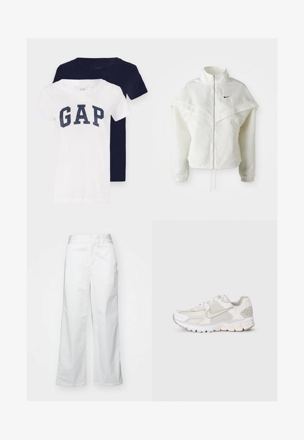 Jaqueta branca de mangas longas com fecho éclair e gola alta, detalhe tipo capa nos ombros, punhos elásticos e pequeno logótipo preto da Nike no peito.; Duas t-shirts, uma branca com um logo "GAP" em azul-marinho, e a outra totalmente azul-marinho. Ambas têm mangas curtas e design de decote redondo.; Calças largas brancas feitas de algodão, com uma textura suave, corte reto, bolsos frontais e bainha limpa.; Sapatilha atlética branca com materiais em malha e sintéticos. Apresenta um design texturizado, colarinho almofadado e acentos geométricos no calcanhar.
