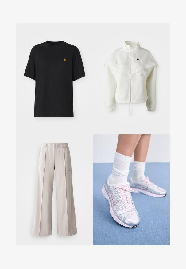 Giacca bianca a maniche lunghe con zip e colletto alto, dettaglio a mantella sulle spalle, polsini elasticizzati e piccolo logo Nike nero sul petto.; T-shirt in cotone nero con una vestibilità rilassata. Presenta un collo rotondo e maniche corte. Include un piccolo logo ricamato in oro sul petto.; Pantaloni ampi grigio chiaro realizzati in tessuto liscio. Presentano una vita elastica e il logo Nike nero sul lato sinistro.; Scarpe da corsa Nike con tomaia in rete argentata e dettagli rosa, stringhe bianche e suola testurizzata. Indossate con calzini sportivi in cotone bianchi.