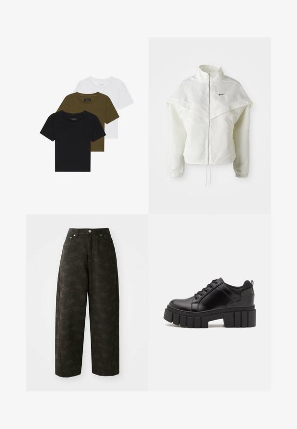 Chaqueta blanca de manga larga con cremallera y cuello alto, detalle tipo capa en los hombros, puños elásticos y pequeño logo negro de Nike en el pecho.; Tres camisetas de cuello redondo en negro, verde oliva y blanco. Con mangas cortas, cuellos acanalados y un diseño ajustado.; Pantalones de pierna ancha verde oscuro con un patrón floral texturizado, diseño de cinco bolsillos y cierres de botón metálicos en la cintura.; Zapatos de plataforma de cuero negro con un tacón cuadrado grueso, punta redonda y diseño tradicional de cordones. Presenta una textura suave y un detalle minimalista.