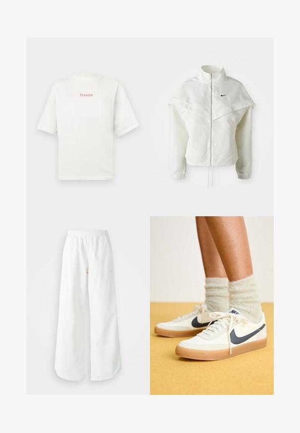 Bela jakna z dolgimi rokavi in zadrgo, visokim ovratnikom, plaščastim detajlom čez ramena, elastičnimi manšetami in majhnim črnim logotipom Nike na prsih.; Bela bomba iz bombaž z okroglo ovratnikom in kratkimi rokavi. Na sprednji strani je majhna rdeča logo "PEGADOR". Mehak material, sproščen kroj.; Bela športna hlače širokega kroja z rebrastim pasom in diskretno logotipno podrobnostjo. Gladek material z sproščenim krojem in zoženim robom.; Bele tene čevlje Nike z mornarsko modrim znakonom, teksturirano blago, bele vezalke in gumijast podplat, v kombinaciji z kosmatimi svetlo zelenimi nogavicami. Rumena ozadje.