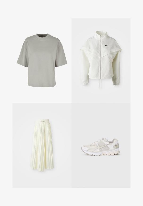 Fehér, hosszú ujjú, zipzáras dzseki magas gallérral, a vállakon lebegő, köpenyszerű résszel, rugalmas mandzsettákkal és kis fekete Nike logóval a mellkason.; Szürke, rövid ujjú póló, kerek nyakkivágással, puha pamut anyagból készült, laza szabású és minimális varrási részletekkel.; Redőzött midi szoknya világos sárga szövetből, rugalmas derékkal és megkötővel, sima textúrával és függőleges csíkokkal a részletek kiemelésére.; Fehér sportcipő hálós és szintetikus anyagokból. Texturált mintázattal, párnázott bokarésszel és geometrikus díszítéssel a sarkán.
