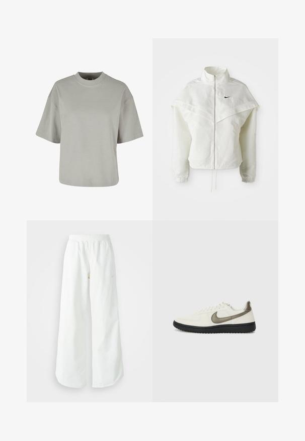 Balta garās piedurknes ar rāvējslēdzēju jaka ar augstu apkakli, apmetņa līdzīga detaļa uz pleciem, elastīgas aproces un mazs melns Nike logotips uz krūtīm.; Pelēks īsās piedurknes T-krekls ar apaļu kakla izgriezumu, izgatavots no mīkstas kokvilnas auduma, ar brīvu piegriezumu un minimālu šuvju detaļu.; Baltas, platais sporta bikses ar ribotu jostasvītru un smalku logotipa detaļu. Gluda auduma ar brīvu piegriezumu un sašaurinātu apakšdaļu.; Nike Sportswear FIELD GENERAL - Treniņu apavi - off-white/black